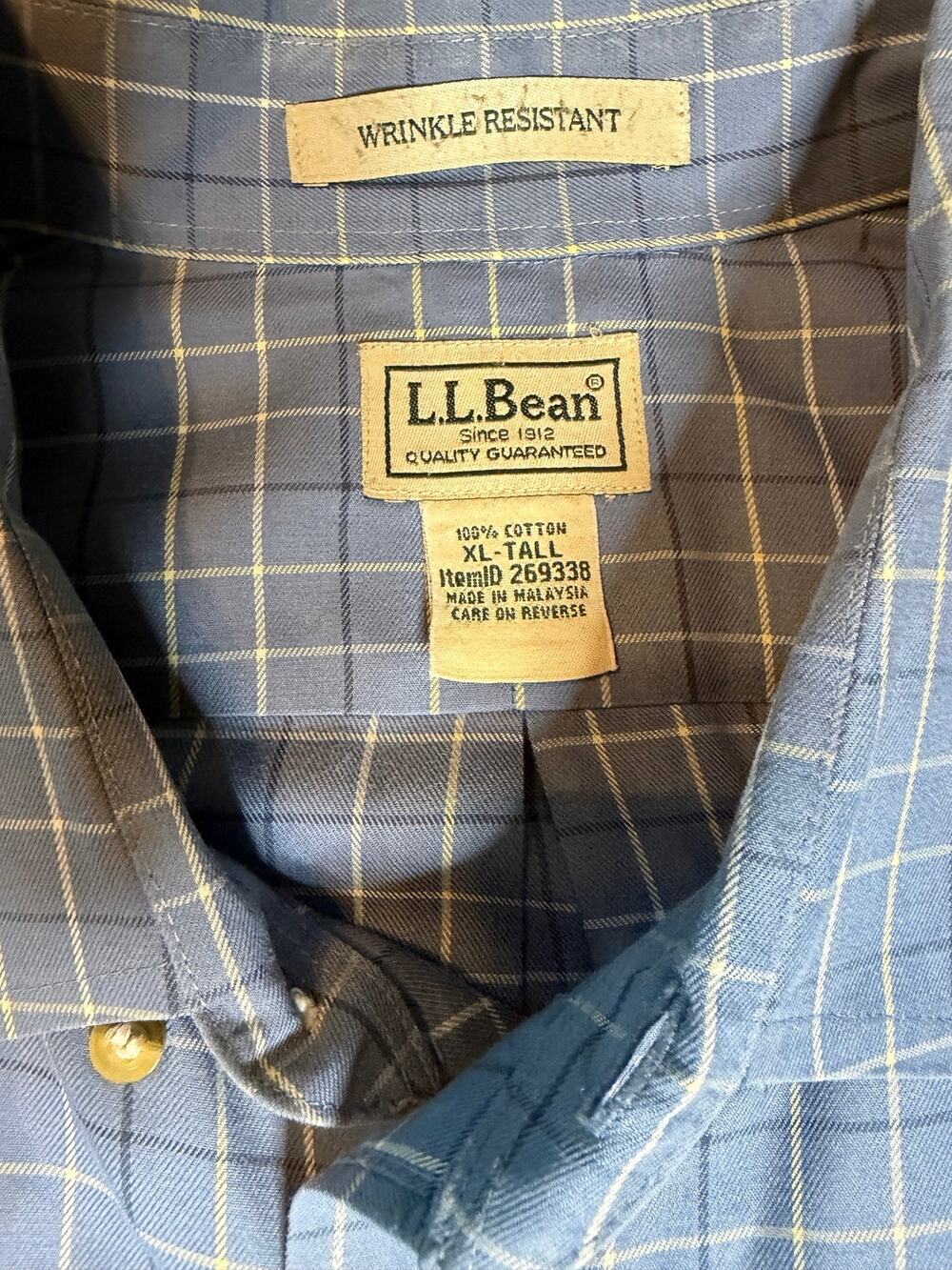 L.L.Bean XL Tall Blue Windowpane Plaid Wrinkle Resistant Cotton Button Shirt